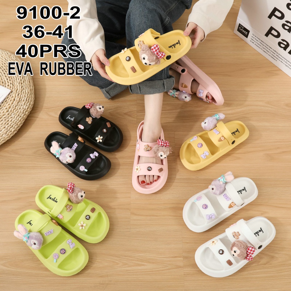 Sandal Wanita Import Bahan EVA Rubber Tali belakang Dengan Jibbitz Boneka 9100-2