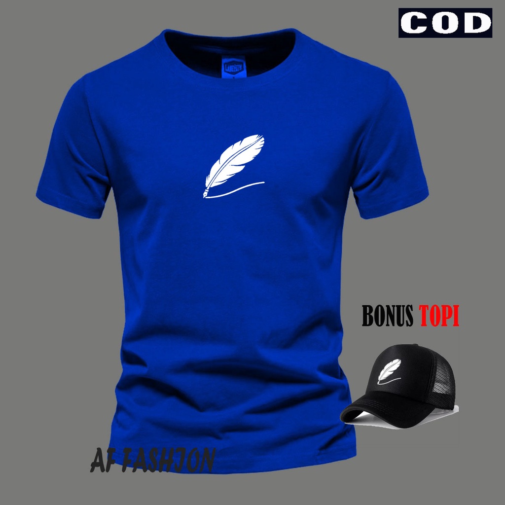 Bonus topi ... Baju Kaos Distro Logo Bulu Ayam Text Putih Lengan Pendek Premium Quality