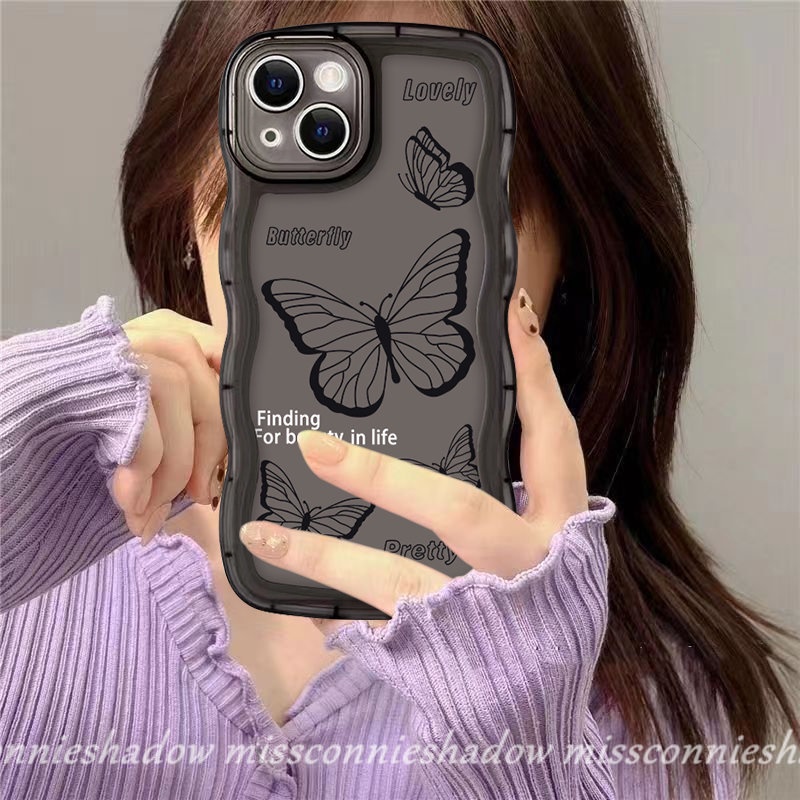 Redmi 9 10 A1 A1+  9A 9T 10C 10A 9C NFC POCO M3 X3 Pro Redmi Note 10 10s 10Pro 11Pro+ 9Pro Note 11 11s 9 8 Note10 Pro Max Plus Soft TPU Wavy Edge Fashion Retro Black Butterfly Case