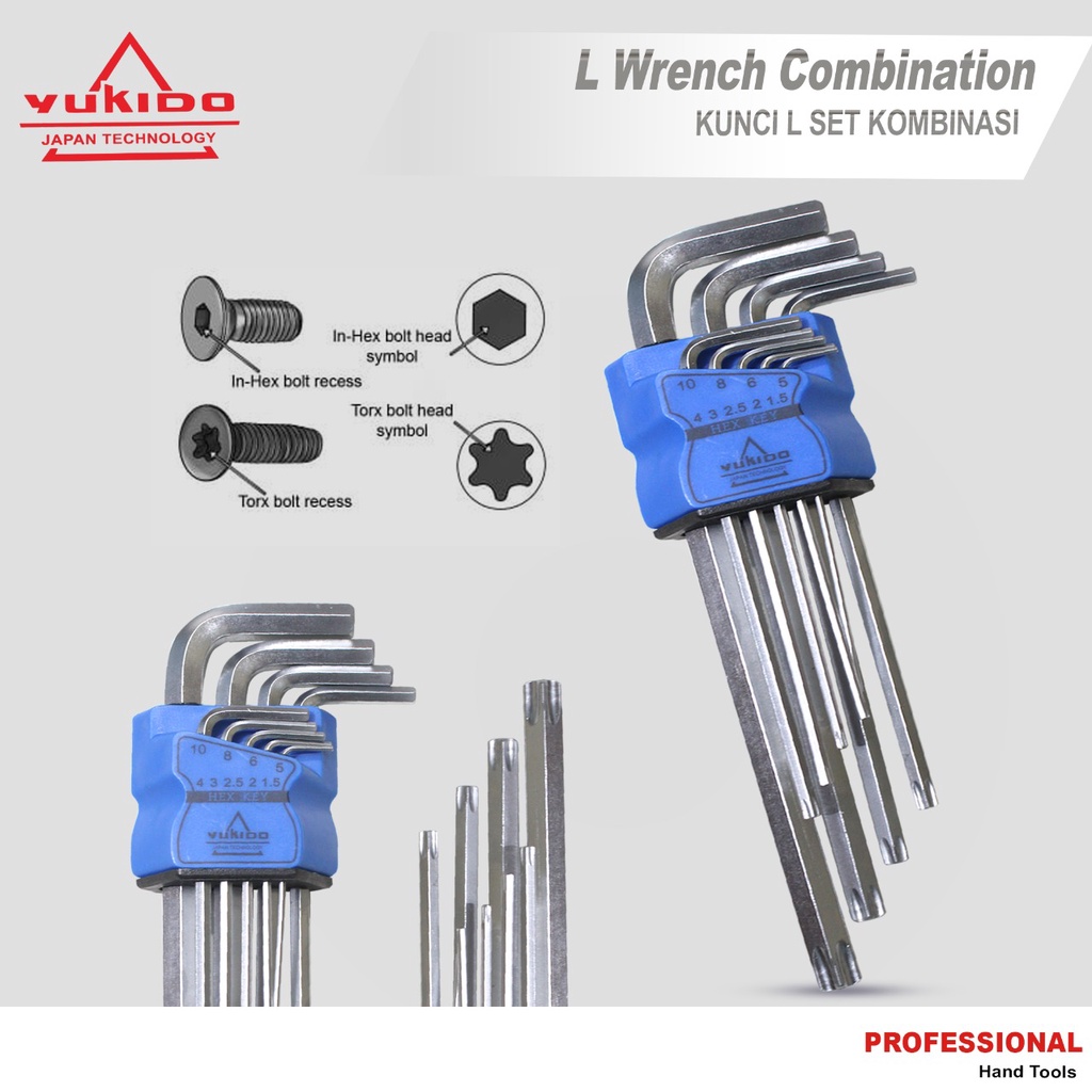 Yukido Kunci L Panjang Set Bintang Lubang Segi Kombinasi 9pcs 9 pcs - HDT Hex Torx Key panjang