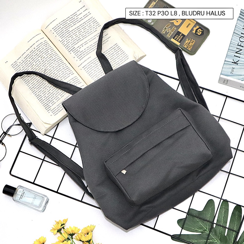 Bayar di Tempat COD Tas Ransel Serut Bahan Kanvas KANTONG Depan Ukuran Medium tas punggung wanita-Warna 660
