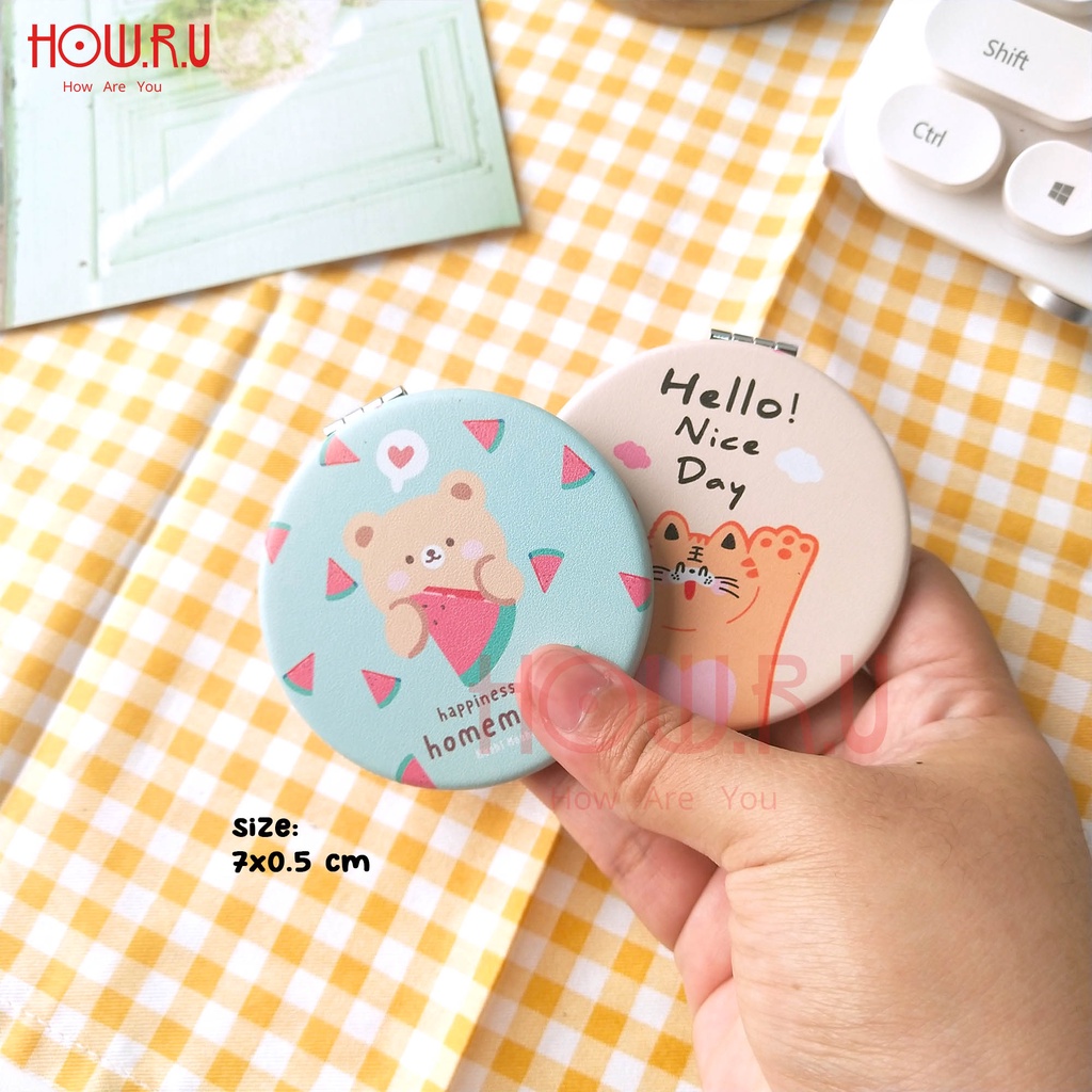 HOW.R.U | Cermin Saku Lipat 2 Sisi Shape Bundar / Korean Cute Pocket Mirror