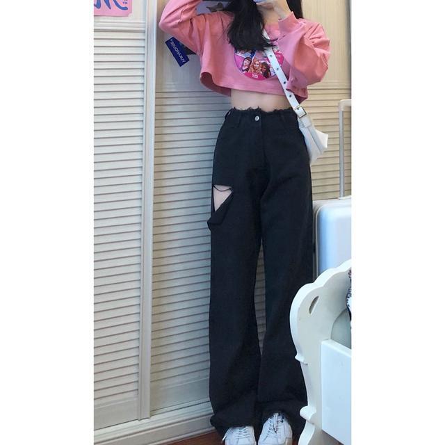 Red Setelan dua potong wanita Chic Barbie Sayang pendek atasan merah muda + celana jeans robek lebar pinggang tinggi hitam