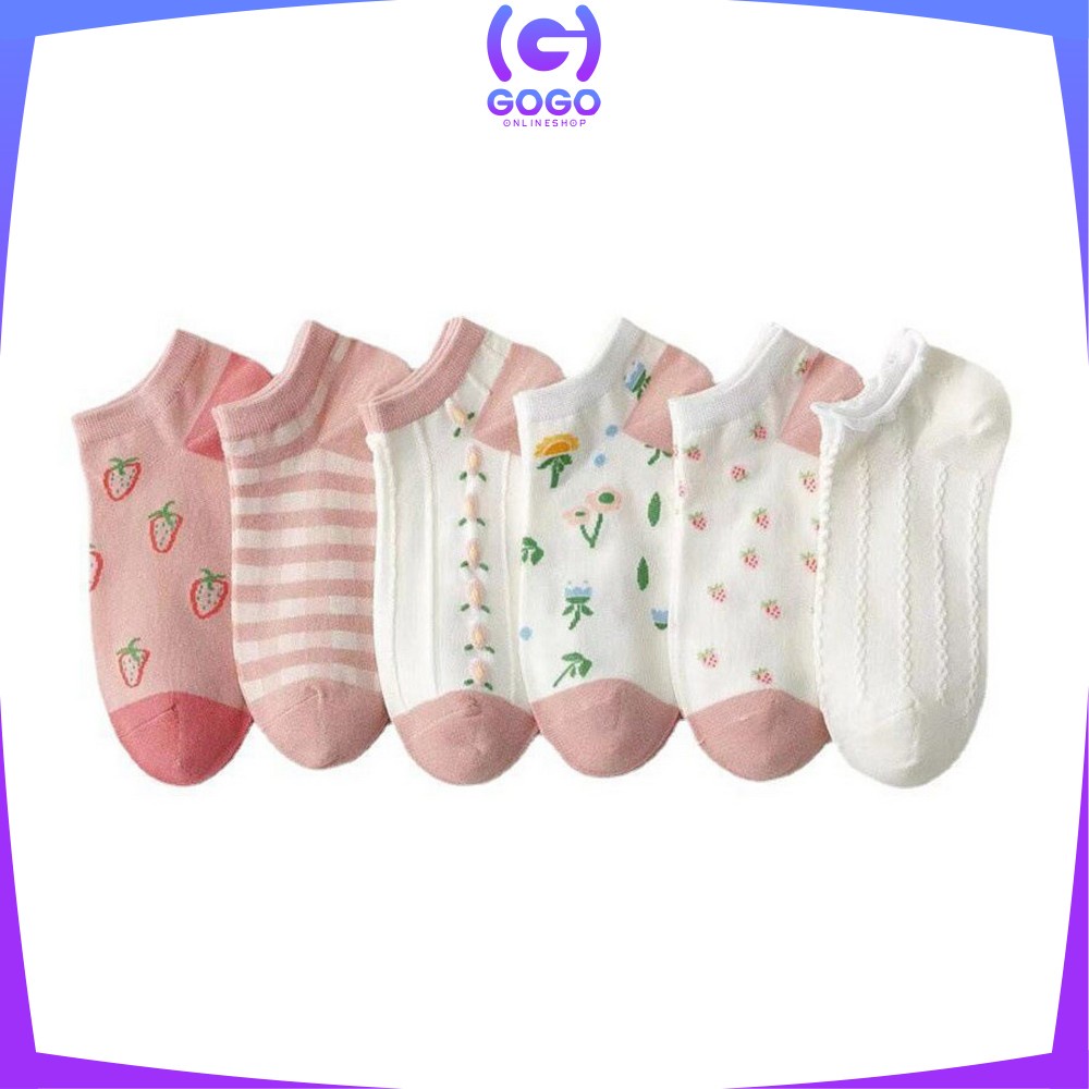 GOGO-P189 Kaos Kaki Wanita Motif Stroberi Bunga Fashion Korea / Kaus Kaki Pendek Semata Kaki Wanita / Strawberry Ankle Sock Korean Style