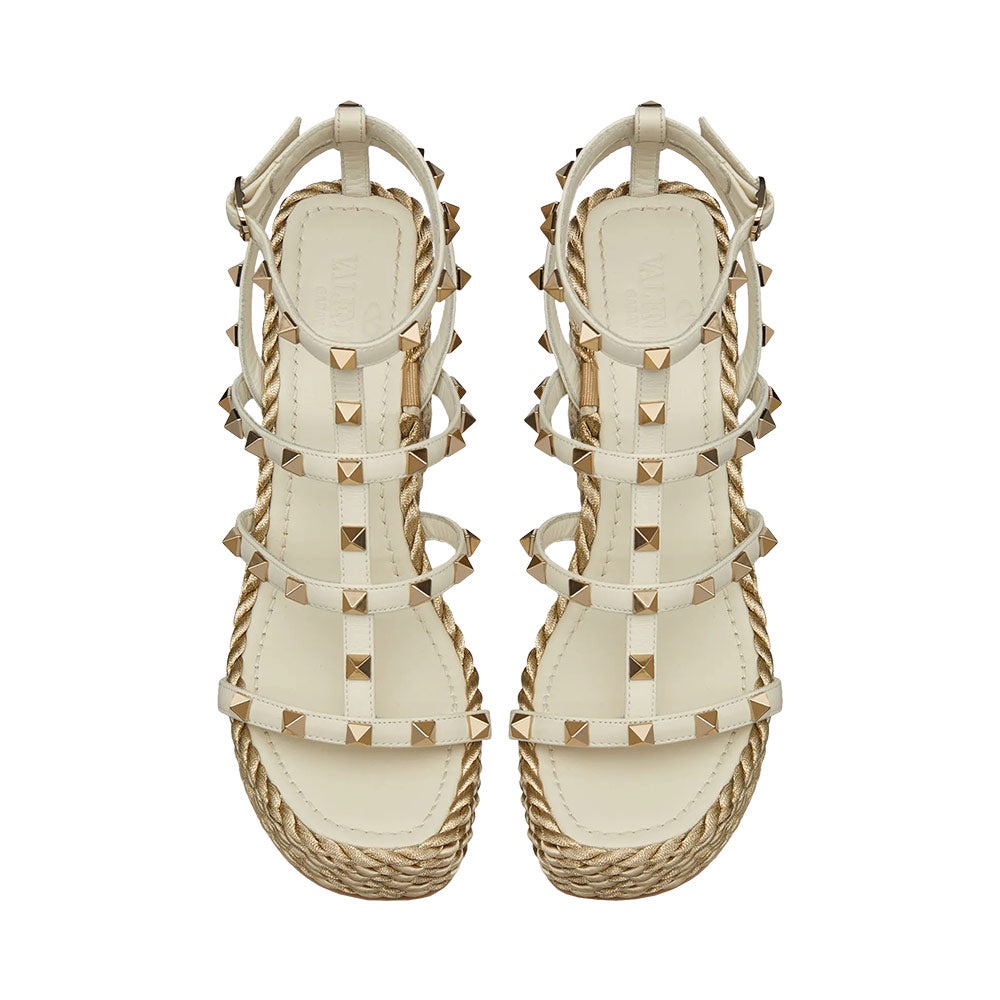 VLTN Garavani Rockstud Strap Wedge Sandal 9.5cm Calf Light Ivory