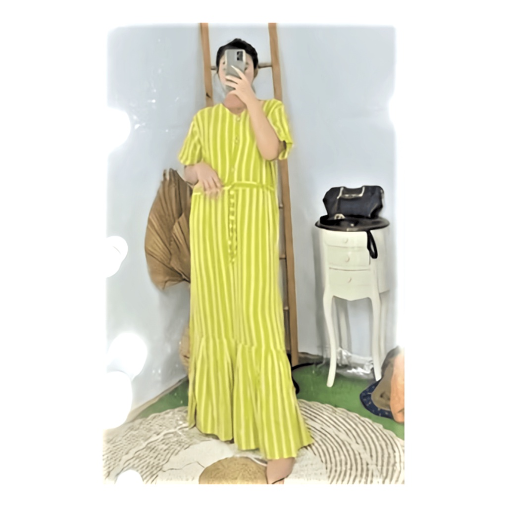 Dress Wanita Nagita Strip Kancing Depan Busui Friendly Bahan Kain Rayon Panjang Semata Kaki Kekinian Terbaru