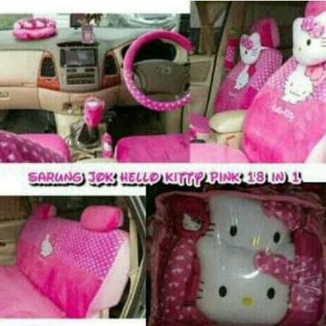 Promo Sarung Jok Mobil Agya&Ayla 18 in 1 Motif Hello Kitty Pink Bintik Putih