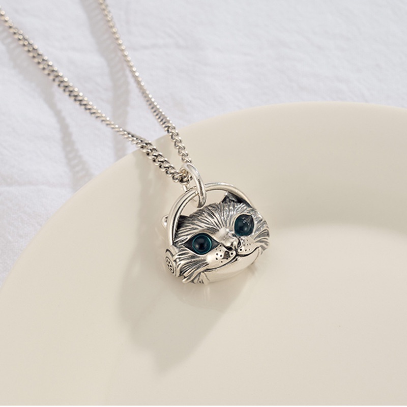 Kalung Liontin Headphone Bentuk Kepala Kucing Lapis Silver Untuk Pria