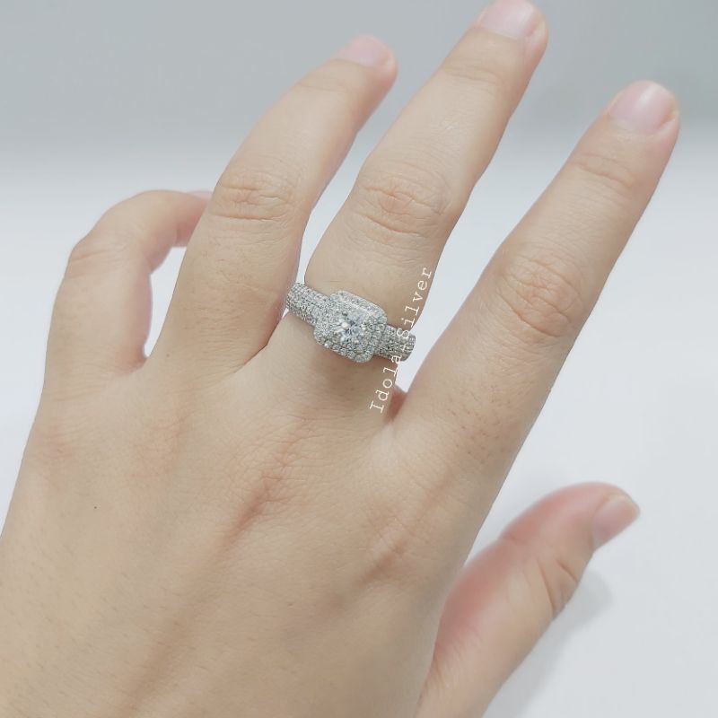 CINCIN PERAK ASLI SILVER WANITA 925 LAPIS EMAS PUTIH MODEL KOTAK PERMATA FULL DIAMOND - PERHIASAN PERAK WANITA