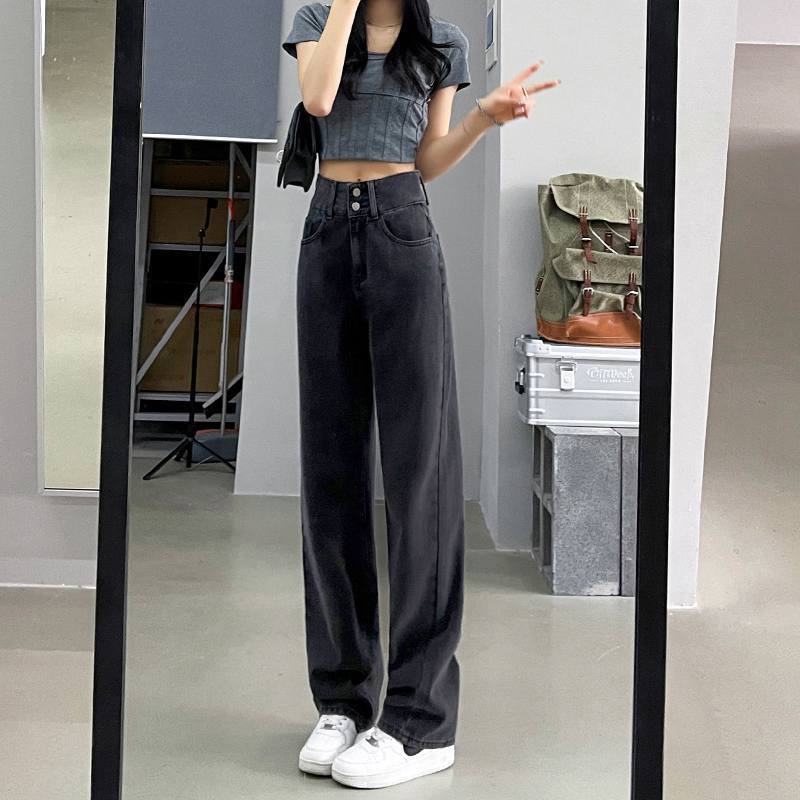 Suhao hitam dan abu-abu high-waist wide-leg jeans wanita 2022 musim semi dan musim gugur terlihat tipis dan all-match menggantungkan kaki lurus mengepel celana hot girl tide