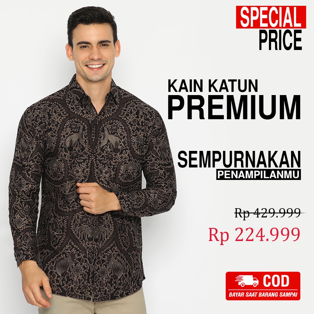 BATIK PRIA LENGAN PANJANG Kemeja Hem Slimfit Premium Motf Elegant Warna Hitam 729794 Cap 72 - Baju Kemeja Atasan Pakaian Setelan Batik Pria Cowok Laki Laki Remaja Keluarga Kantor Lengan Panjang Modern Slimfit Slim Fit Premium Kekinian