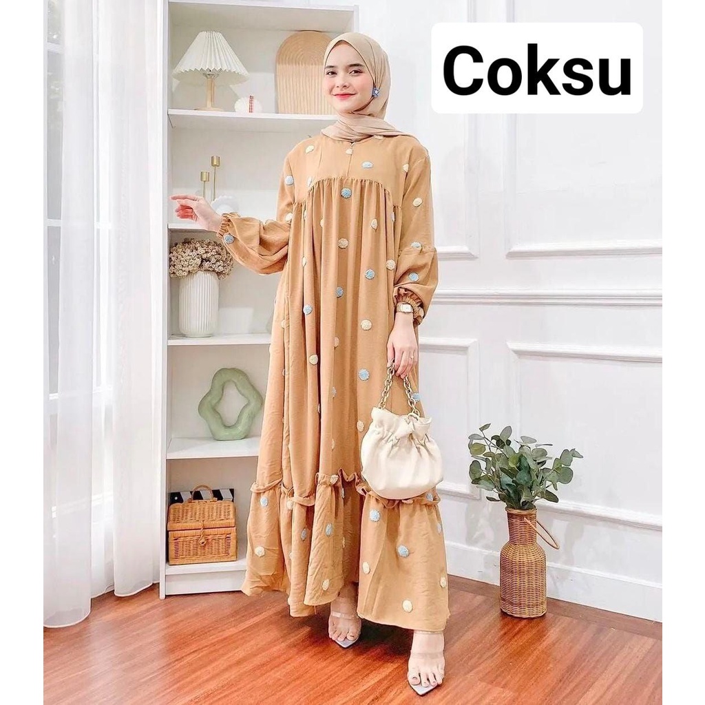 Pom Pom Bordir Gamis Wanita Crinkle Airflow Premium Dress Wanita Lengan Balon Karet Baju Wanita Muslim Kekinian LD 115 cm