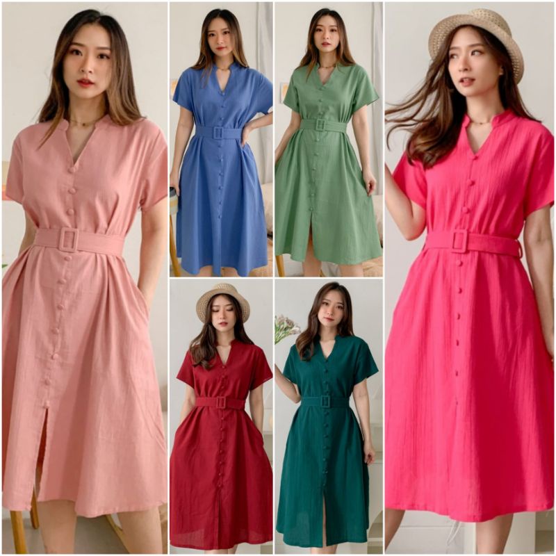 ♡ PREMIUM ♡ ORIGINAL ! VIOLA V-NECK CRINKLE FLOWERY BUTTON MIDI DRESS WITH BELT