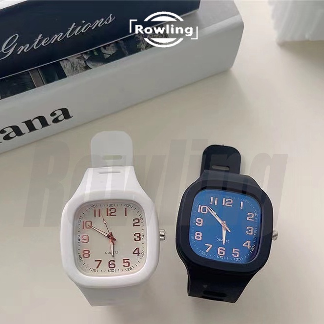 Rowling (Jam-68) Jam Tangan Rubber Quartz Kotak Besar Wanita Dan Pria Fashion Gaya Korea Unisex Import