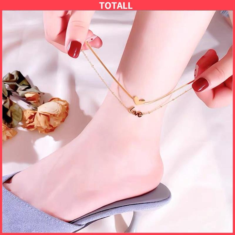 COD Gelang Kaki Titanium 2 Layer LOVEHuruf Hati Anti Karat Emas 18k Aksesoris Wanita Korea-Totall