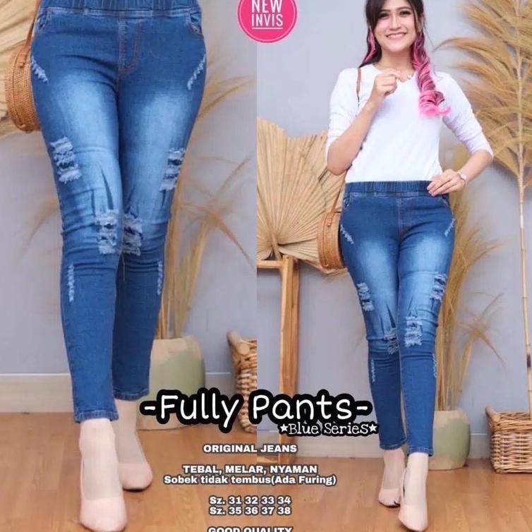 TERBAIK FULLY JEANS.JEANS SOBEK TIDAK TEMBUS PINGGANG FULL KARET ☃ 879
