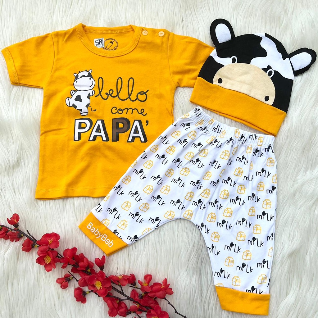 Baju setelan kaos celana topi motif sapi pergi jalan lucu fashion anak bayi cowok laki murah -pap