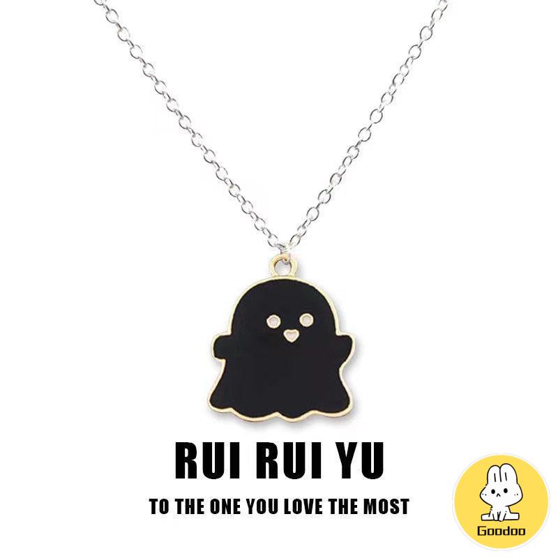 Kalung Rantai Dengan Liontin Kartun Hantu Warna Hitam Dan Putih Untuk Hadiah Halloween -Doo