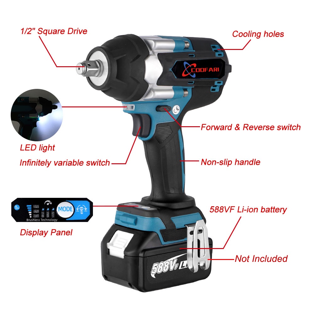 COOFARI 1800N.M Torsi Brushless Electric Impact Wrench Untuk Truk 1/2 Inch Cordless Wrench Driver Alat Untuk Makita 18V Baterai