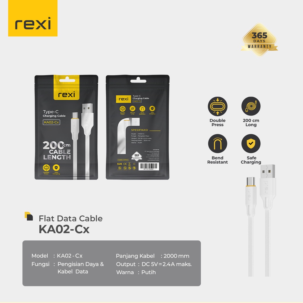 Rexi 200 cm Kabel Data Type C Pengisian Daya Cepat 2,4A Maks White KA02-Cx