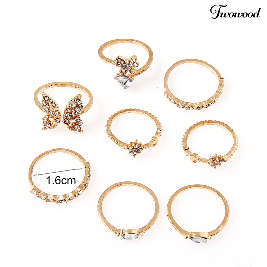 8pcs Cincin Knuckle Desain Kupu-Kupu Bunga Aksen Berlian Imitasi Untuk Wanita Element