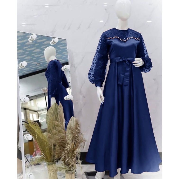 ELDE 12 - MAXI DRESS MILA MAXY ( L - XL - XXL ) BAHAN VELVET FULL DEPAN BELAKANG LAPIS TILE MUTIARA DAN APLIKASI MUTIARA TEMBAK, SLETING BELAKANG DAN TALI IKAT NEMPEL KIRI DAN KANAN