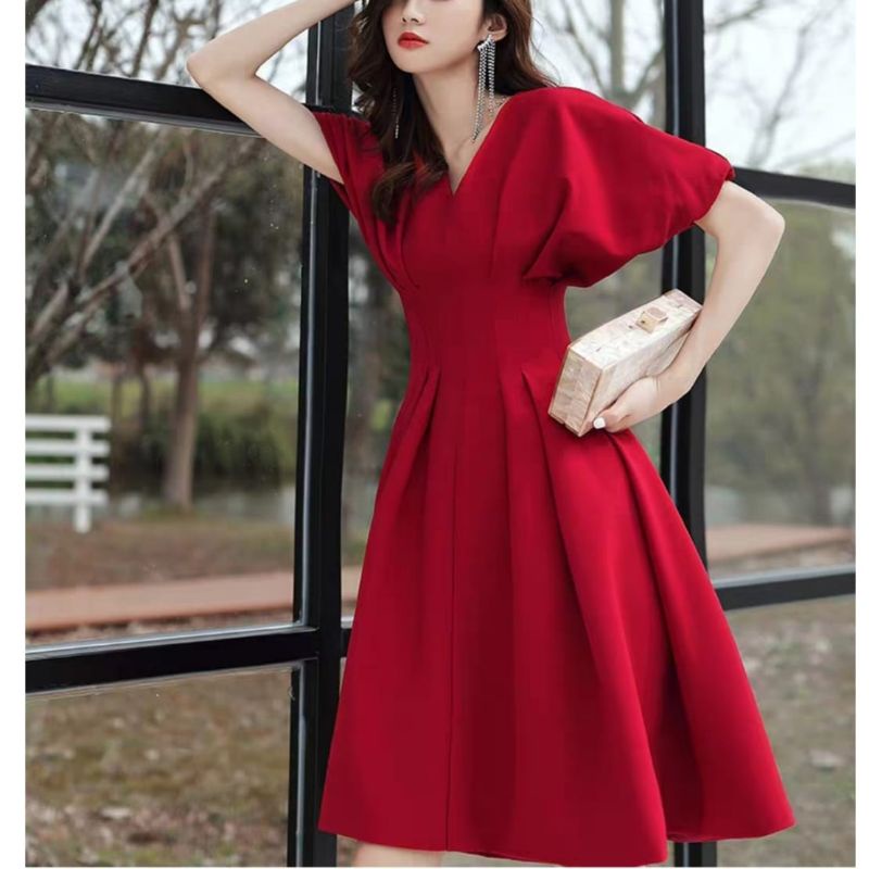 MDLV ~ 0998# CNY Redberry V-neck Midi Dress Imlek Sincia Import