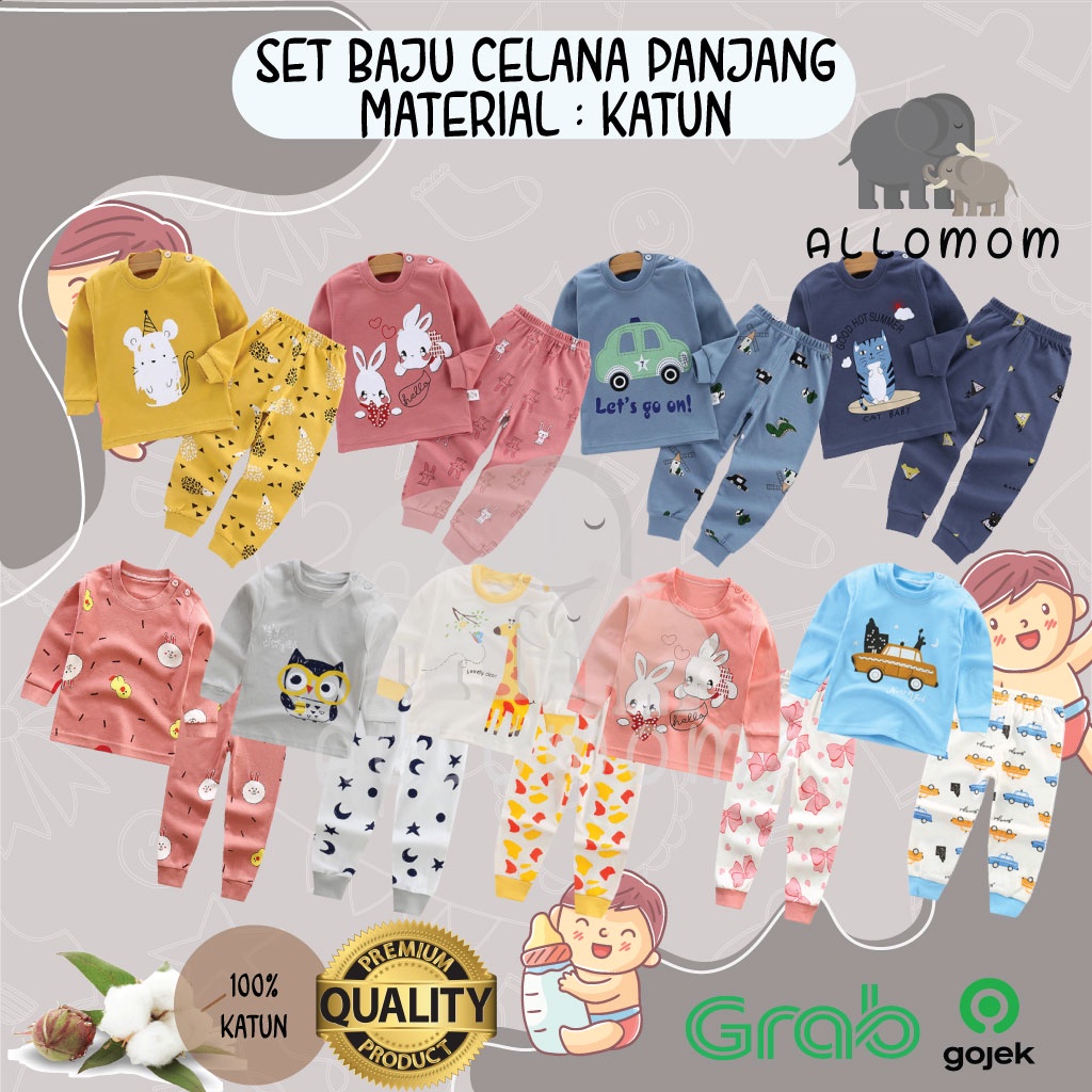 Setelan Baju Celana Panjang Anak / Piyama Tidur Bayi Material Katun 100%