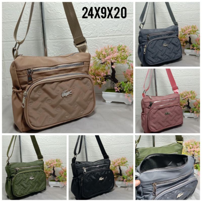 Tas selempang wanita resleting 5 bordir nilon super kekinian slingbag korea