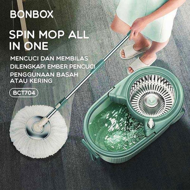 (BONBOX-806/704) All in One Cleaning Tools/ Pembersih Lantai/ Alat Pel Lantai Kain Fiber + Ember Spin Mop Alat