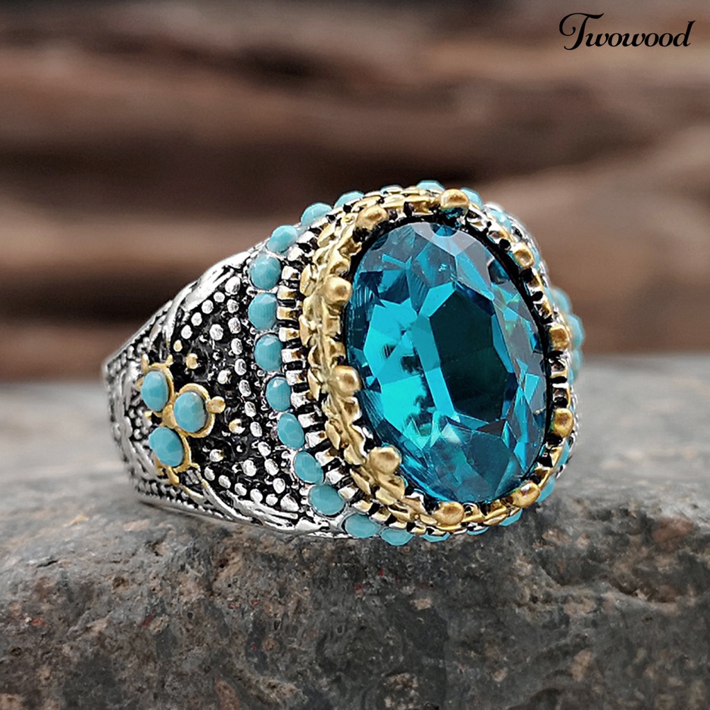 Cincin Berlian Imitasi Biru Turquoise Sparkling Gaya Vintage Untuk Pria