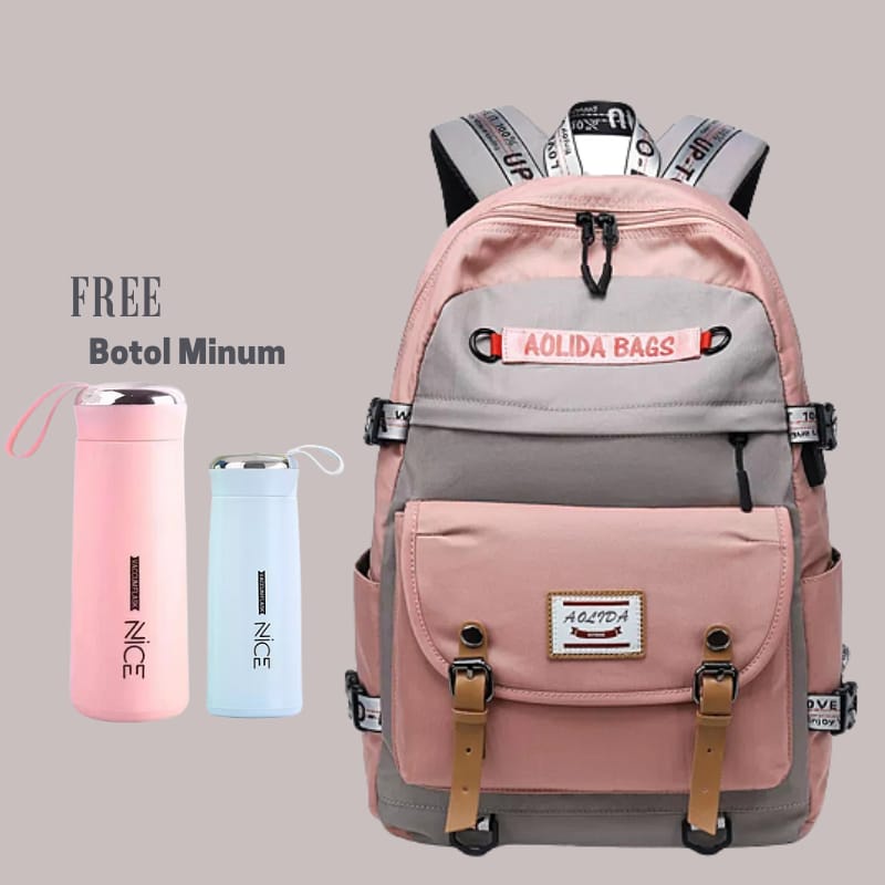 Tasmurah - AOLLIDA Ransel Backpack  Tas Sekolah Wanita / Terbaru Populer 2022 Tas Sekolah Wanita Versi Korea Ransel Siswa Sekolah Menengah Pertama Sekolah Dasar Dalam Ransel Jepang Ransel Korea Murah Tas Punggung Perempuan Dewasa Sederhana-Pink Free Botol