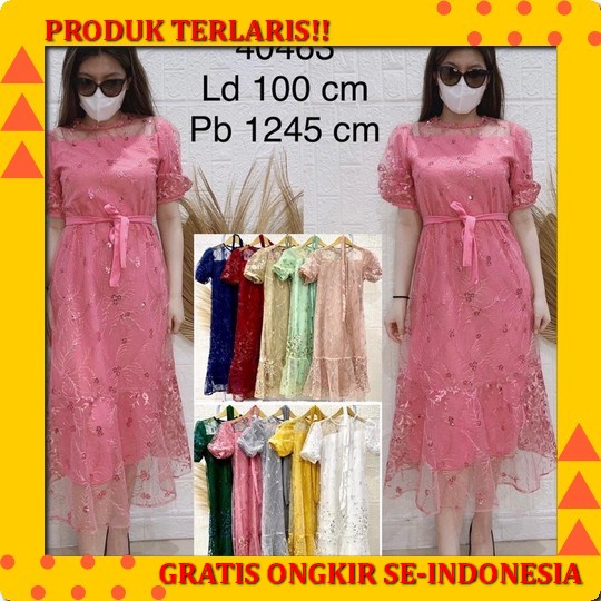 Dres 2589 Dress Brukat Tile Bordir Midi Dress 7Per8 Mewah Dress Natal Vn1105 - Dress Pesta Batik Bu 