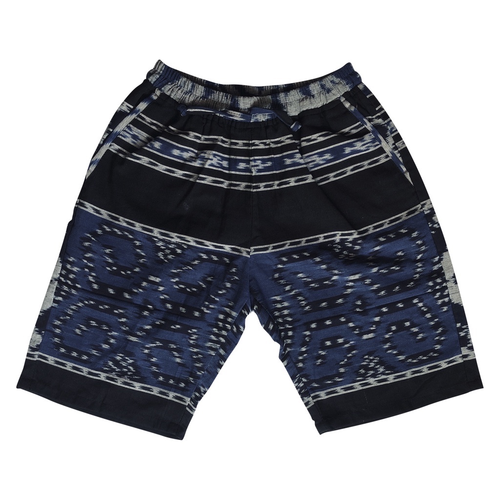 celana pendek pria motif kain tenun - hitam biru