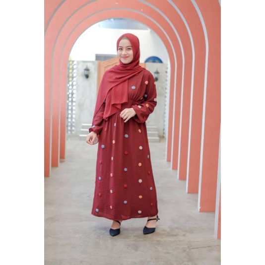 Gamis Xena Couple By Almahyra | Baju Gamis Wanita Bordir Polkadot Cringkle