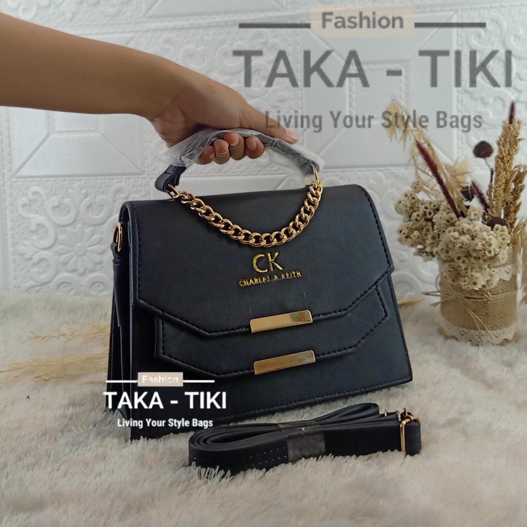 Bayar DiTempat - Tas Selempang Sling Bags CK Wanita Behel TWIN TERBARU Full Acc Import Mewah (HITAM)