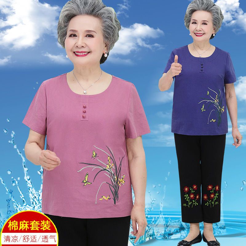 Gaun Lengan Pendek Gaun Lengan Pendek Atasan Ibu Katun Nenek, Gaun Wanita Dua Potong