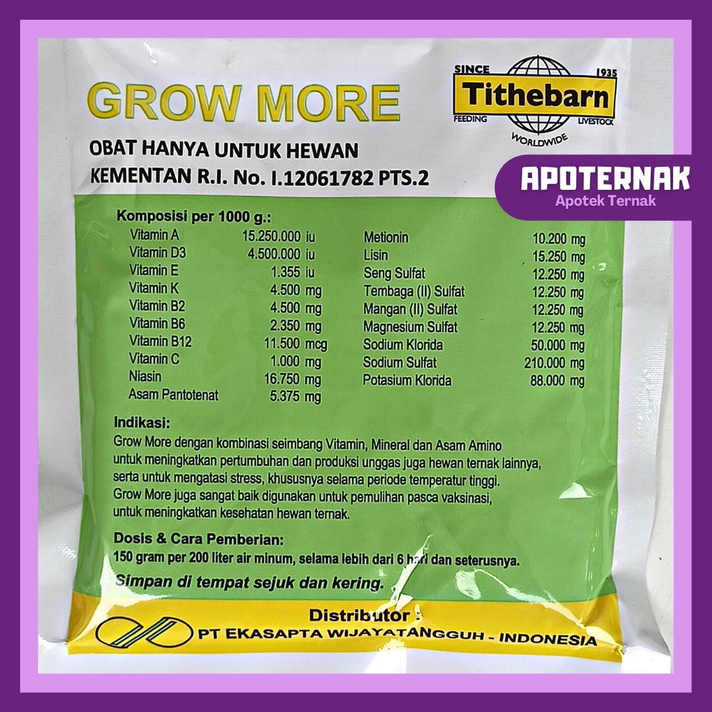 GROW MORE | Multivitamin Mineral &amp; Asam Amino Untuk Pertumbuhan Unggas, Sapi, Kambing, dll | 100 gr | Tithebarn