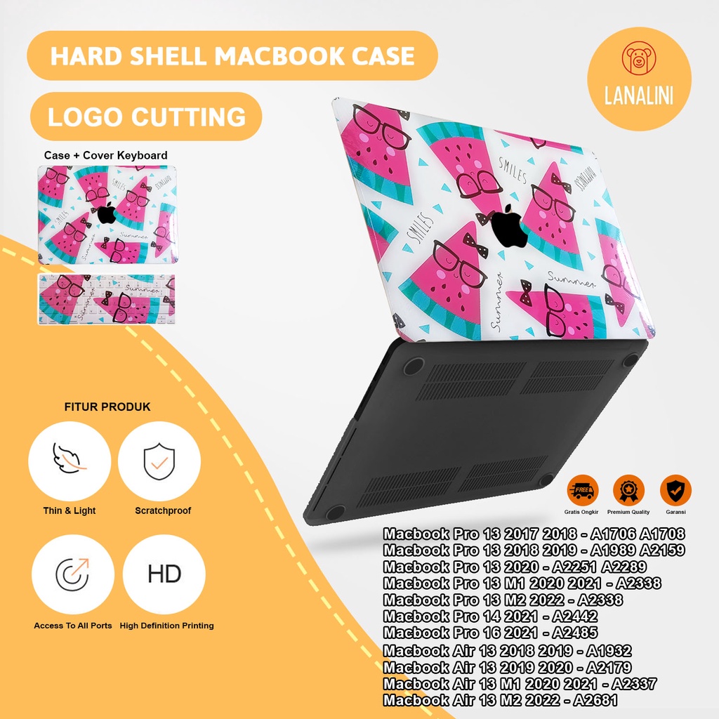 Case Casing Protective Aksesoris Pelindung Laptop Hardcase Hard Case Macbook Air Pro 13 inch 14 16 M1 M2 2017 2018 2019 2020 2021 A1932 A2179 A2337 A1706 A1708 A1989 A2159 A2251 A2289 A2338 A2442 A2485 A2681 Gambar Kartun Cartoon Motif Fruit Buah Semangka