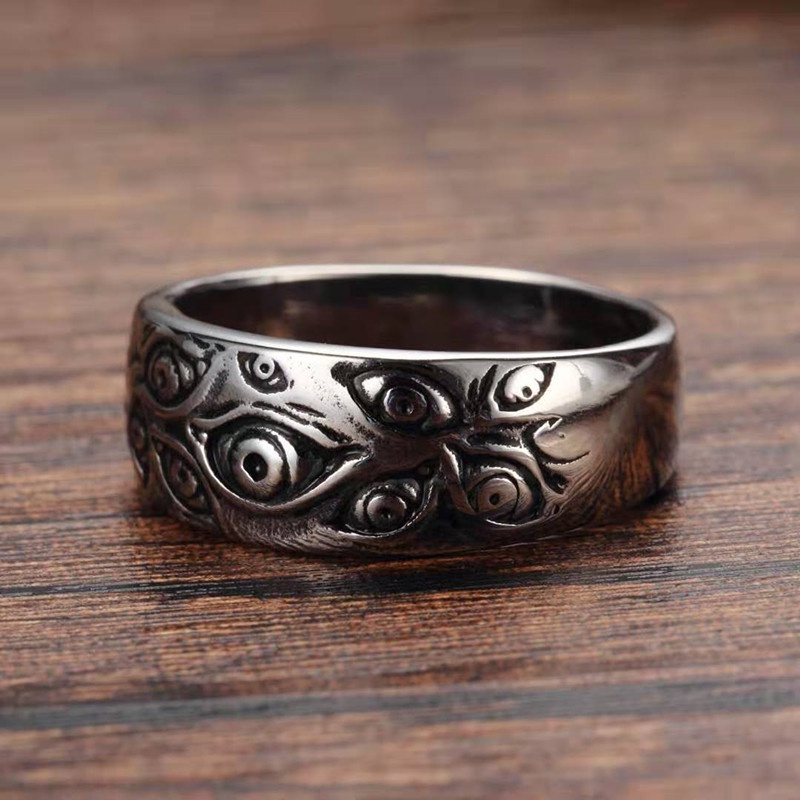 Cincin Desain Ukiran Mata Iblis Model Hollow Gaya Retro Hipster Punk Untuk Pria Dan Wanita