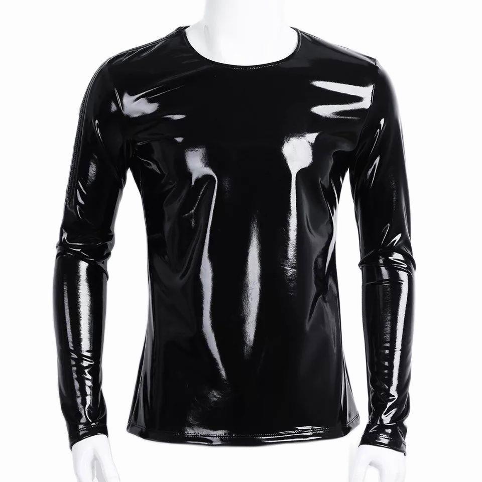 Mens Sexy Glossy PVC Leather Long Sleeve Shirt Erotic Shaping Latex Casual Coat Male Shiny Metallic 