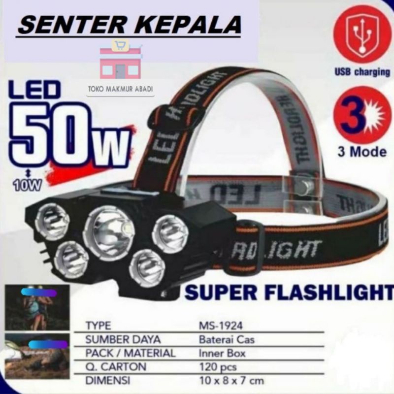 Senter Kepala 50 Watt 5 LED Rechargeable 3 Mode Cahaya - SENTER KEPALA LED USB