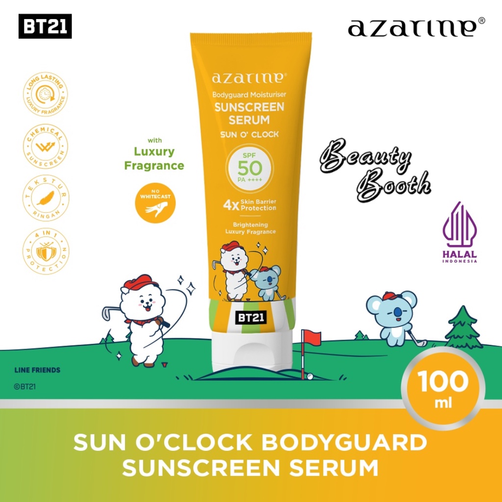 AZARINE Body Guard Moisturizer Sunscreen Serum SPF 50PA ++++ 100ml | Sunscreen BT21 Young &amp; Free | O Clock | Sweet Treats | Magical LuvBaby |