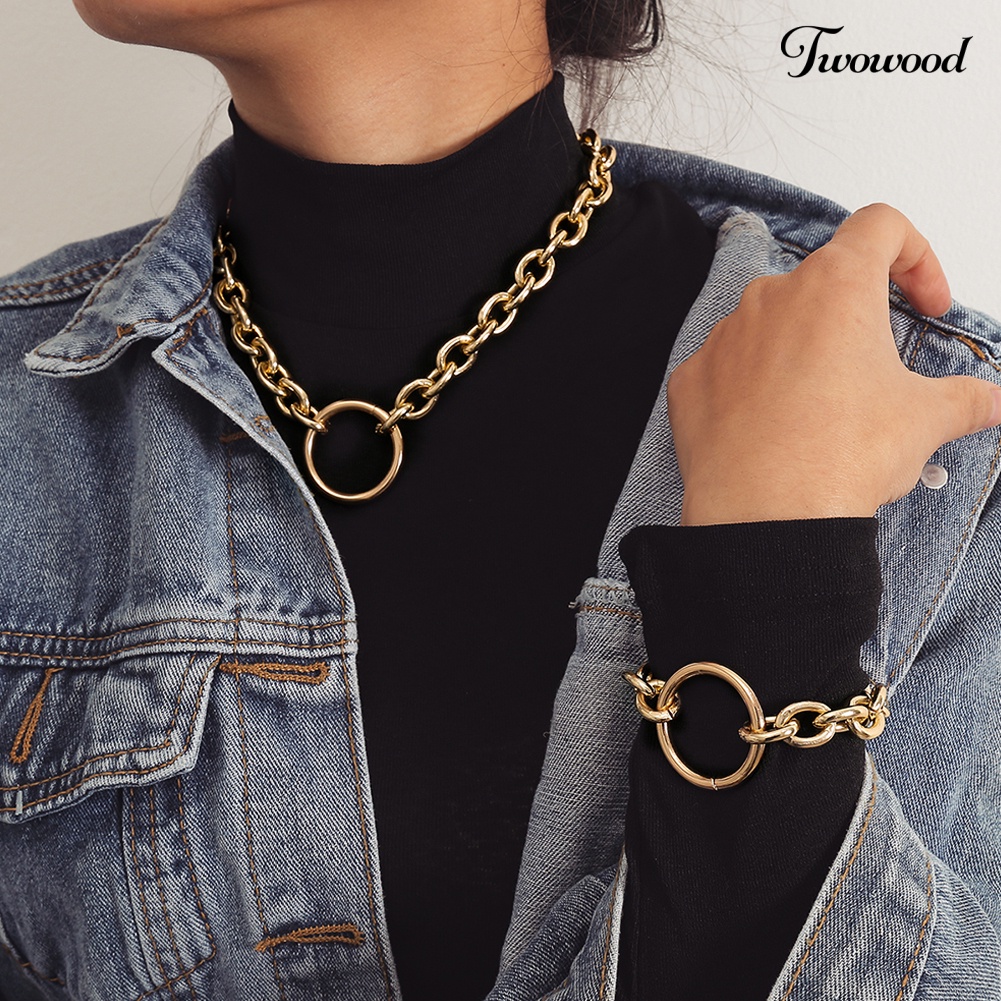 Kalung Dan Gelang Rantai Liontin Lingkaran Hollow Gaya Punk Untuk Wanita
