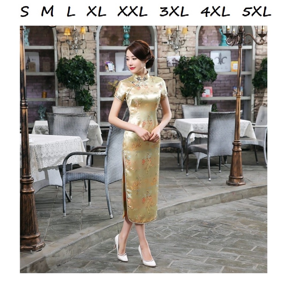Dress cheongsam zhongsan hanfu qipao BRUKAT SATIN panjang gold kuning imlek sincia tahun cina jumbo 