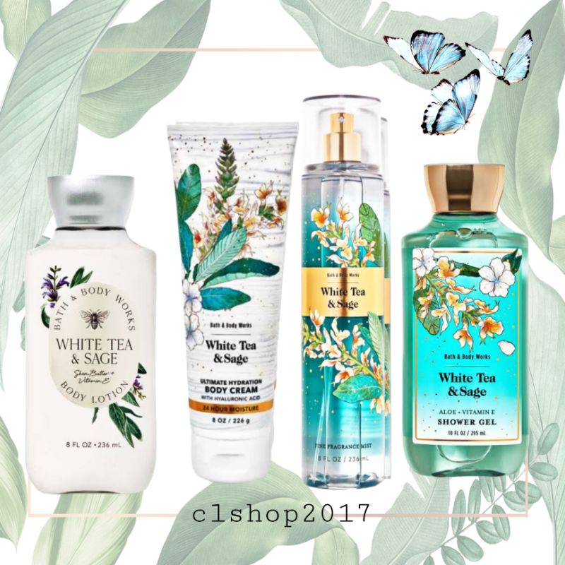 BATH AND BODY WORKS BBW WHITE TEA &amp; SAGE SERIES MIST LOTION SHOWER GEL BODY CREAM HAND CREAM SHOWER GEL BODY CREAM LOTION MIST WASH WALLFLOWER ROOMSPRAY SCENTPORTABLE GENTLE GEL DEEP CLEANSING GENTLE FOAMING CREAMY LUXE