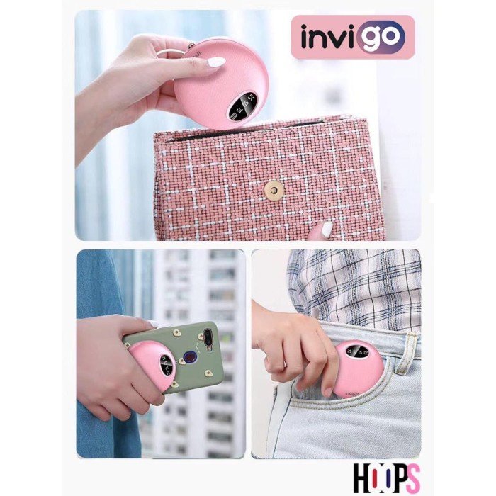 PowerBank Power Bank Invigo HOOPS Bulat 10.000mAH Ios &amp; Type C 2.4A - Merah Muda