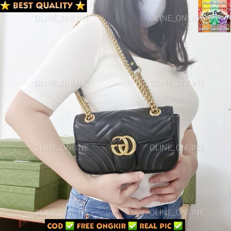 [oline_online] tas wanita selempang kekinian wave motif shoulder marmont 2way convertible small size party size bag gc love red black white gucci