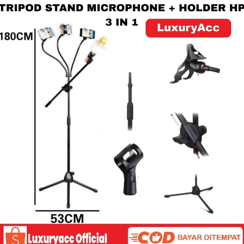Stand Microphone 3in1 Holder Tripod Mic Condenser Dudukan HP Berdiri