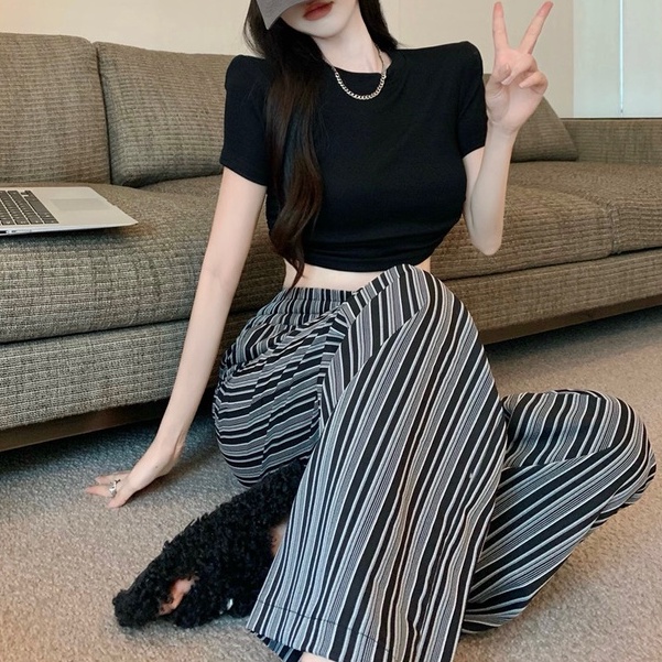 【Blossom】Vertical Stripe Wide Leg Culottes  Pants  2435